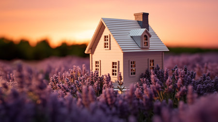 fabulous, toy house, in the  lavender field, Concept cozy home, cozy world.の素材