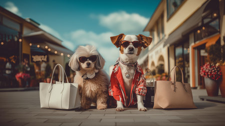 Dogs Shopping concept and sales. Fashionable dog and shopping packages against the background of the city and shopsの素材