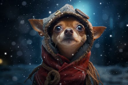 adorable dog, in fancy dress, gazing dreamily at the sky. Concept of waiting for a miracleの素材