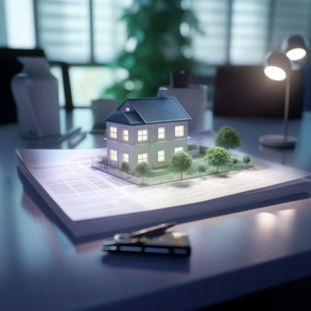 Concept  3d render model of a small living house on a table,  contract document and demonstrating. futuristic business blurry backgroundの素材