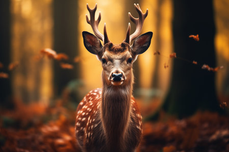 Beautiful deer in the autumn forest,  orange tones, macro portraitの素材