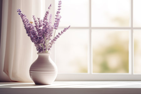 Trendy floral background, vase with bouquet of lavender, of the window, a place for textの素材