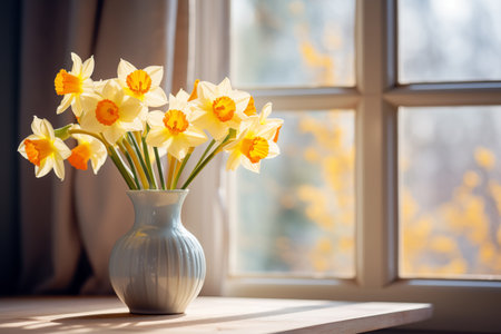 Trendy floral background, vase with bouquet of daffodils, of the window, a place for textの素材
