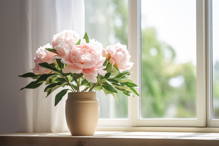 Trendy floral background, vase with bouquet of peonies , of the window, a place for textの素材