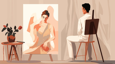 Artist capturing a woman's portrait on canvas. AI Generatedの素材