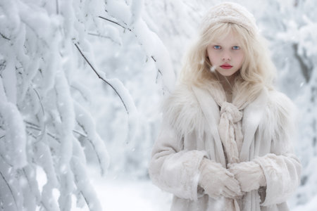 Young girl in winter attire, embodying the spirit of a snow queen. Useful for fashion and seasonal editorials. AI Generated.の素材