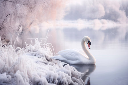 Elegant swan on a snowy lakeshore with falling snowflakes, serene and graceful. Ideal for nature and wildlife photography. AI Generated.の素材