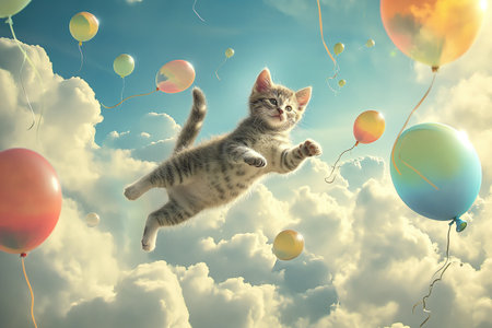 A playful kitten soaring amidst colorful balloons under a cloud-filled sky. This whimsical image is perfect for greeting cards, children's books, or pet advertising campaigns. AI Generated.の素材