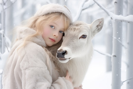 Child in harmony with a white deer in a snowy setting, an image of innocence and nature. Ideal for children's literature or nature campaigns. AI Generated.の素材