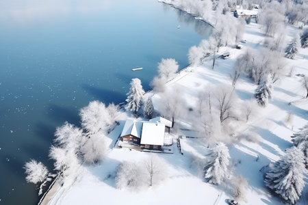 Secluded cabin by a frozen lake surrounded by snowy trees, a winter escape. Great for travel and lifestyle imagery. AI Generated.の素材