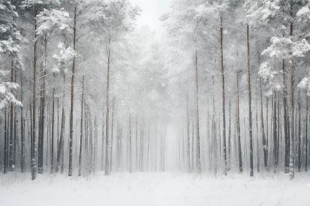 Snow-laden forest pathway inviting a tranquil winter walk, ideal for nature-themed publications. AI Generated.の素材
