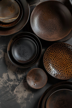 Artistic ceramic tableware assortment perfect for culinary and design themes. AI Generated.の素材