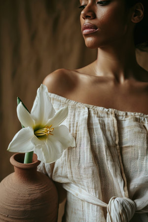 Elegant portrait with a single blooming flower. AI Generatedの素材