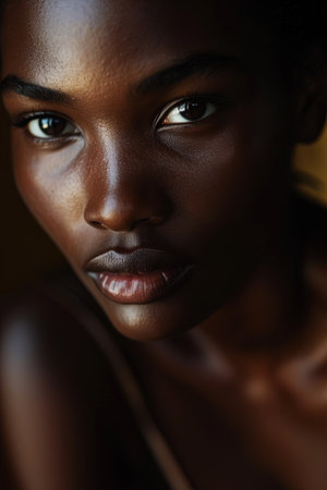 Intimate portrait of a young woman, ideal for beauty and cultural diversity themes. AI Generated.の素材