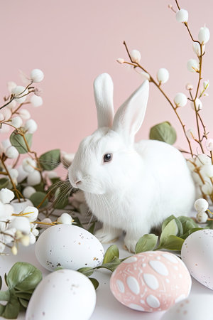 A white rabbit among Easter eggs and spring flowers. Suitable for seasonal advertising. AI Generated.の素材