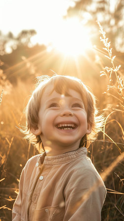 Child smiling joyfully in sunlit field, radiating happiness, AI Generated. Ideal for family photography and childhood lifestyle content.の素材