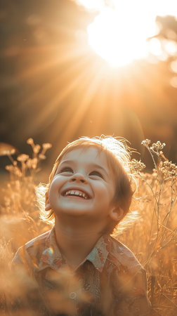 Child smiling joyfully in sunlit field, radiating happiness, AI Generated. Ideal for family photography and childhood lifestyle content.の素材