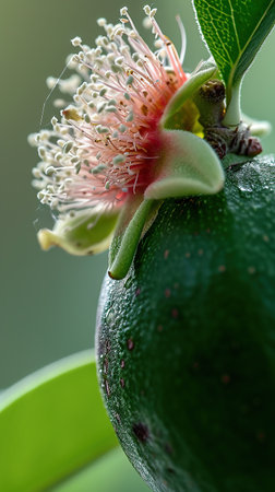 Feijoa flower close-up, delicate beauty in detail, AI Generated. Suitable for botanical studies and artistic displays.の素材