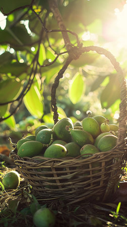 Sun-kissed feijoas in wicker basket amidst verdant foliage, AI Generated. Perfect for food magazines and agricultural marketing.の素材