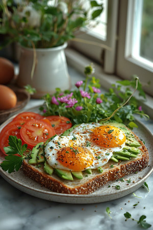 Sunlit breakfast with egg on avocado toast, nestled in greenery, AI Generated. Perfect for culinary blogs and healthy lifestyle features.の素材