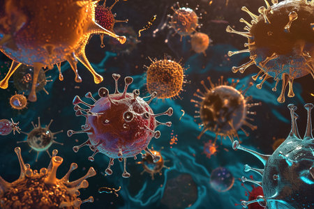 Microscopic view of a virus inside the bloodstream, AI Generated. Ideal for medical education and health awareness campaigns.の素材