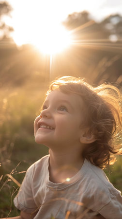 Child smiling joyfully in sunlit field, radiating happiness, AI Generated. Ideal for family photography and childhood lifestyle content.の素材