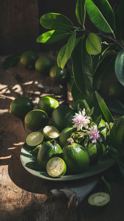 Fresh green feijoas arranged artistically with flowers, AI Generated. Suitable for culinary magazines and healthy lifestyle features.の素材