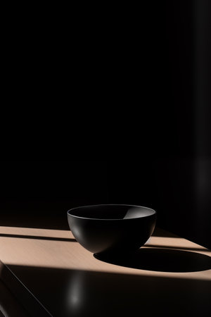 Minimalist black bowl with striking light and shadows. Suitable for product design showcases. AI Generated.の素材