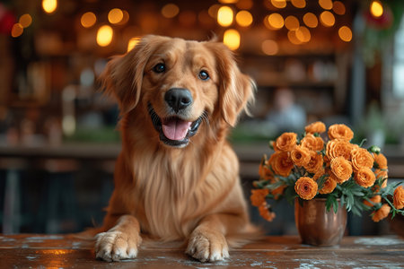 Cheerful dog with orange flowers, suitable for pet marketing. AI Generated.の素材