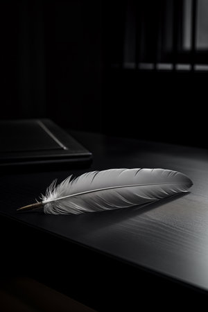 Solitary feather on dark surface, symbolizing simplicity and lightness. AI Generated.の素材