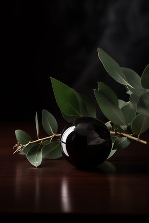 Reflective black sphere with eucalyptus branch on dark wood. Suitable for modern interior design elements. AI Generated.の素材
