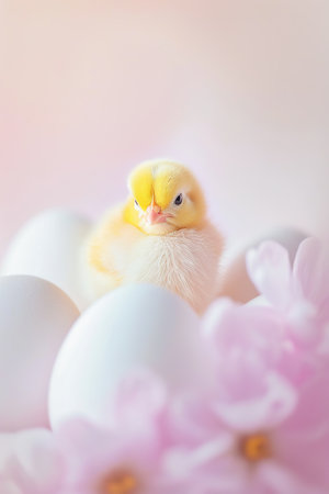 Adorable chick among eggs and soft pink flowers, symbolizing new beginnings. Ideal for springtime themes and greeting cards. AI Generated.の素材