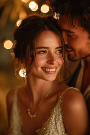 Intimate moment between a couple, warm bokeh lights. Ideal for wedding photography. AI Generated.の素材