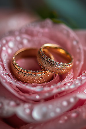 Wedding rings nestled on a dewy rose, symbolizing romantic union. AI Generated.の素材