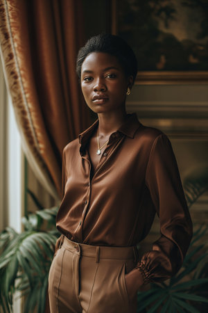 Confident woman in elegant attire with a classical backdrop. Suitable for fashion editorials and portraiture. AI Generated.の素材