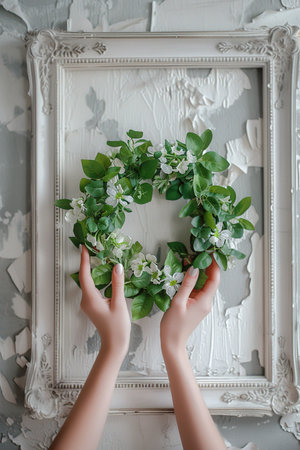 Hands holding a wreath in a vintage white frame. Interior decoration.AI Generated.の素材