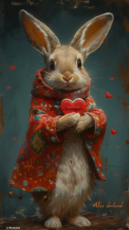 Rabbit with a heart in a whimsical artwork. AI Generated.の素材