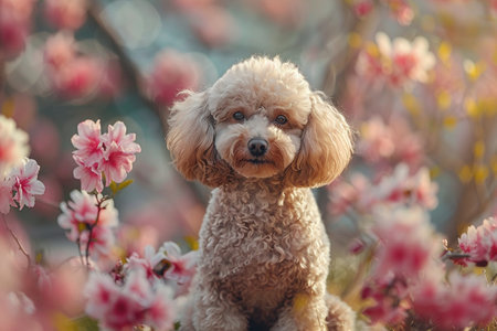 Poodle with blooming pink flowers in background.  pet products advertising. AI Generated.の素材