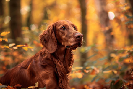Irish Setter in autumnal forest settingの素材