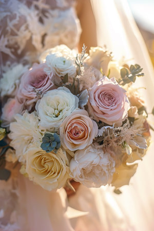 Soft-hued bridal bouquet in sunlight, perfect for wedding floristry. AI Generated.の素材