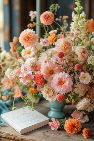 Lush floral arrangement with a book on a wooden table. Event decoration and floristry. AI Generated.の素材