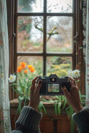 Hands holding a camera towards a window with flowers. Photography learning. AI Generated.の素材