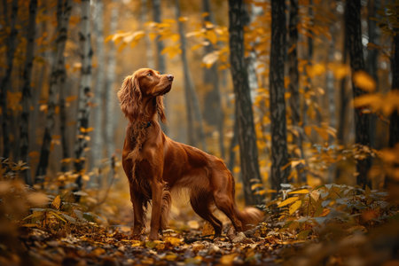 Setter gazing upward in golden autumn forest, suitable for animal calendars. AI Generatedの素材