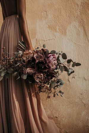 Elegant bridal bouquet with dress, ideal for wedding design inspiration. AI Generated.の素材