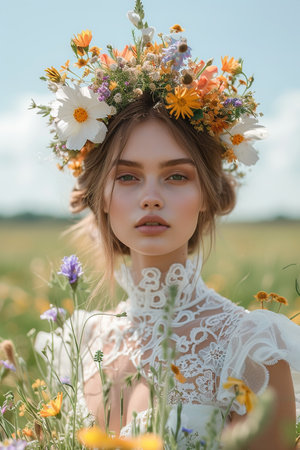 Woman with a floral crown in a blooming meadow. Fashion and beauty editorial. AI Generated.の素材