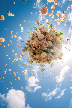Bouquet of flowers tossed into the air under blue sky.  Event celebration photography.AI Generated.の素材