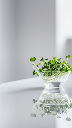 Microgreens in a glass bowl with reflection on white surface. AI Generated.の素材