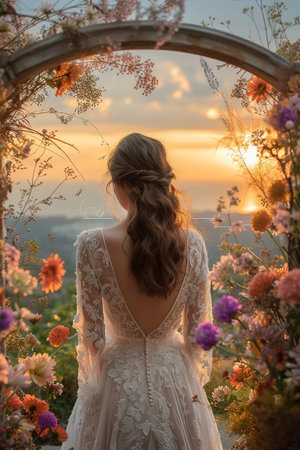 Bride under floral archway at sunset. Wedding photography. AI Generated.の素材