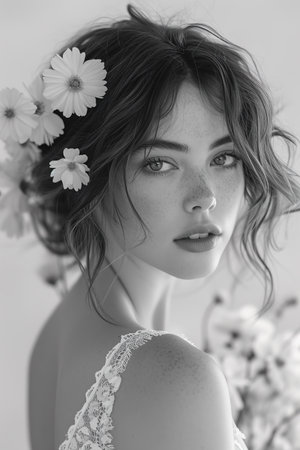 Whimsical portrait of a woman with floral hair accents, suitable for beauty and fashion editorials. AI Generated.の素材