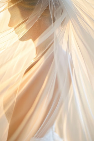 Ethereal bride in golden hour light, ideal for wedding themes. AI Generated.の素材